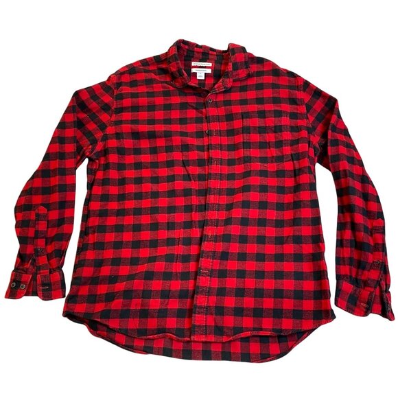 Essentials Mens Flannel Shirt XL Red & Black Plaid  Regular Fit Long Sleeve Butt - Picture 1 of 7